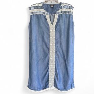 CHELSEA & THEODORE Embroidered Fringe Chambray Boho Tunic Dress Coverup | Sz M